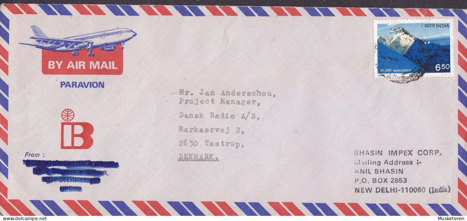 India Air Mail Par Avion Aeroplane Cachet BHASIN IMPEX CORP., NEW DELHI 1988 Cover Brief TAASTRUP Denmark Nandadevi - Storia Postale