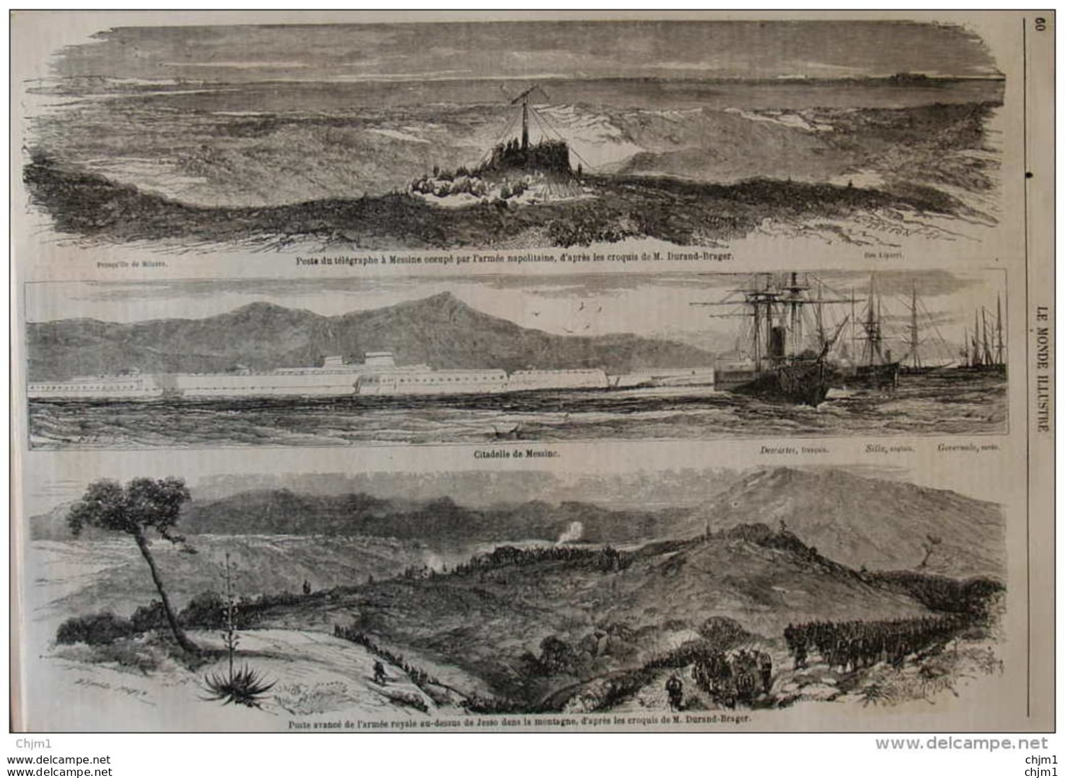 Citadelle De Messine - Poste Du Télégraphe à Messine Occupé Par L'armée Napolitaine - Page Original 1860 - Documents Historiques