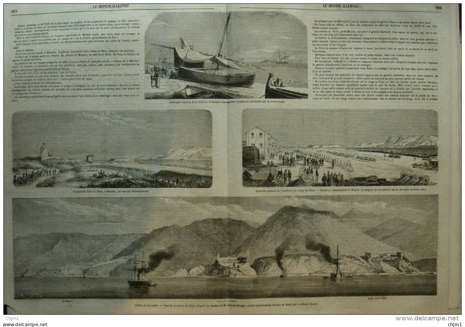 Côtes De Calabre - Vues De La Pointe Du Faro - Préparatifs Faits Au Faro, à Messine - Page Original Double 1860 - Documents Historiques