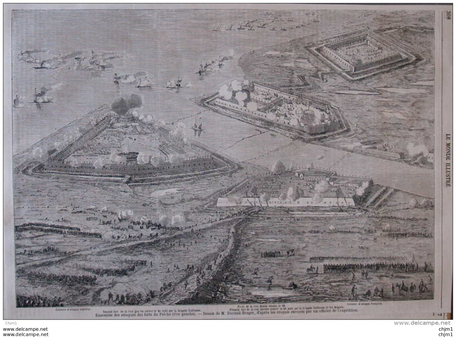 Ensemble Des Attaques Des Forts Du Pei-ho  - Page Original 1860 - Historische Dokumente