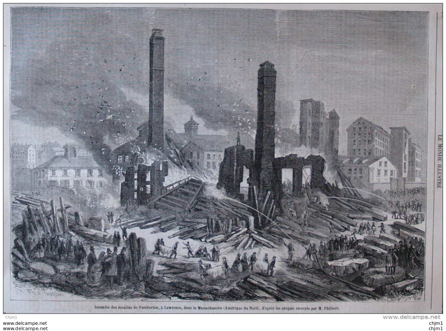 Incendie Des Moulins De Pemberton, à Lawrence, Dans Le Massachussets - Page Original 1860 - Documents Historiques