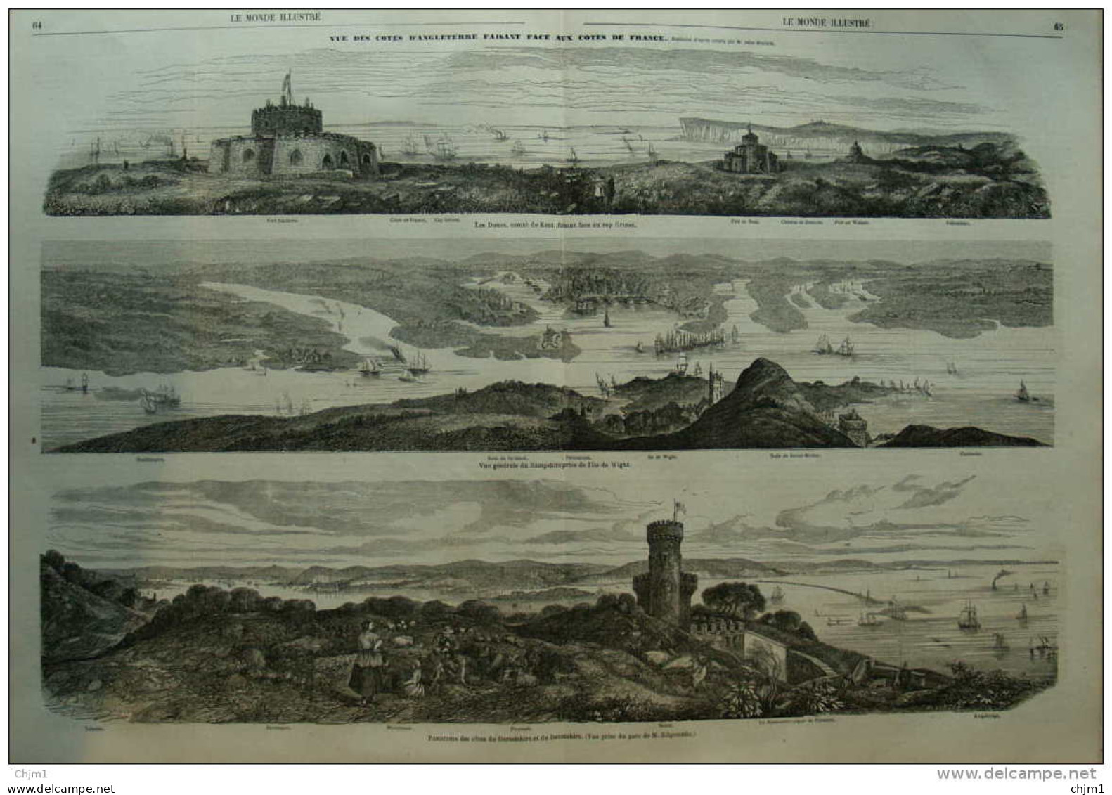 Panorama Des Côtes Du Dorsetshire Et Du Devonshire  - Vue Générale Du Hampshire - Page Original Double 1860 - Historical Documents