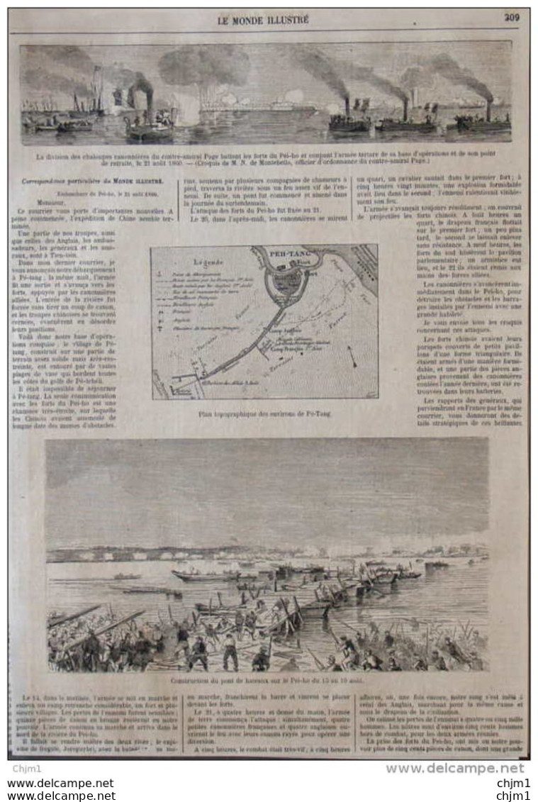 Plan Topographique Des Environs De Pé-Tang - Construction Du Pont De Bâteaux Sur Le Pei-ho - Page Original 1860 - Historische Dokumente
