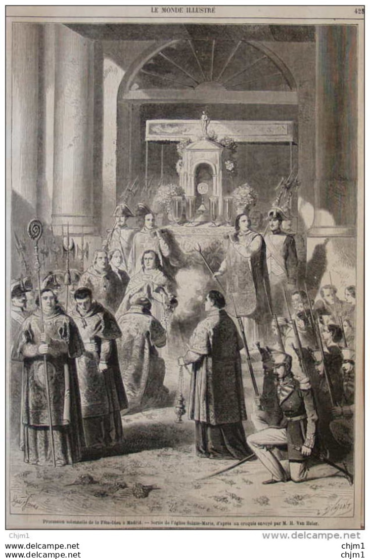 Procession Solennelle De La Fête-Dieu à Madrid - Sortie De L'église Sainte-Marie - Page Original 1860 - Historische Dokumente