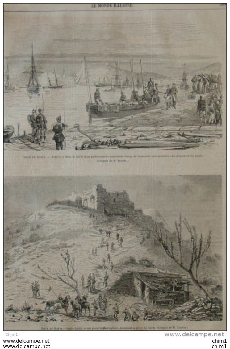Siège De Gaete - Arrivée à Mola Di Gaete - Santa-Agata, Avant-poste De Bersaglieri - Page Original 1860 - Historical Documents