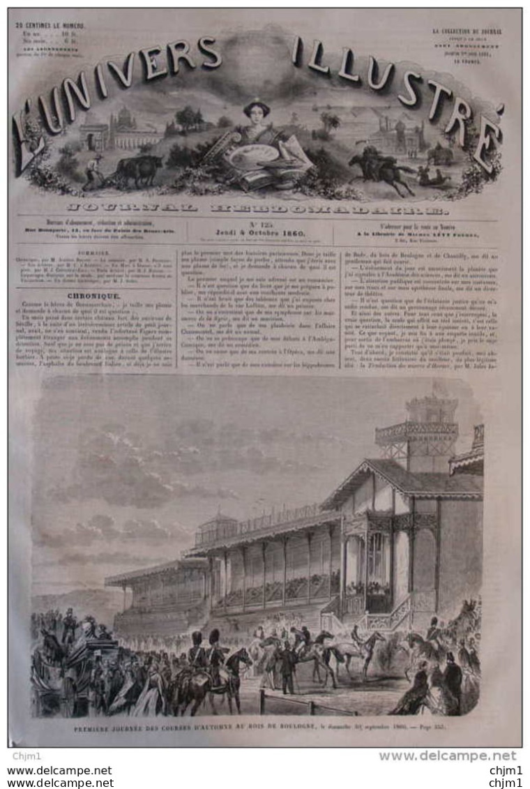 Première Journée Des Courses D'automne Au Bois De Boulogne -  Page Original 1860 - Historical Documents