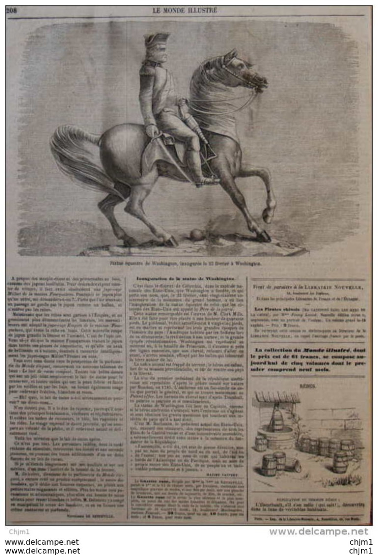 Statue équestre De Washington, Inaugurée à Washington - Page Original 1860 - Historical Documents