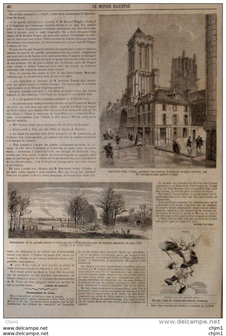 Rue Saint-Jean à Caen, Pendant L'inondation - Inondations De La Grande Prairie De Caen - Page Original 1860 - Historical Documents