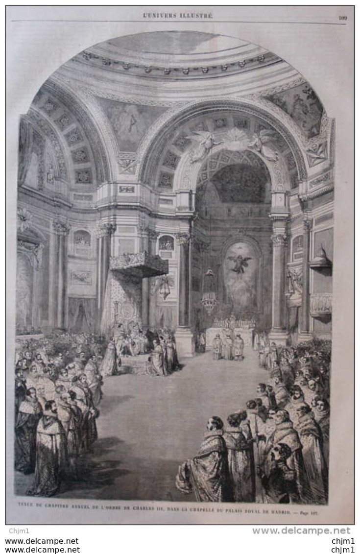 Tenue Du Chapitre Annuel De L'ordre De Charles III, Dans La Chapelle Du Palais Royal De Madrid - Page Original 1860 - Historische Dokumente