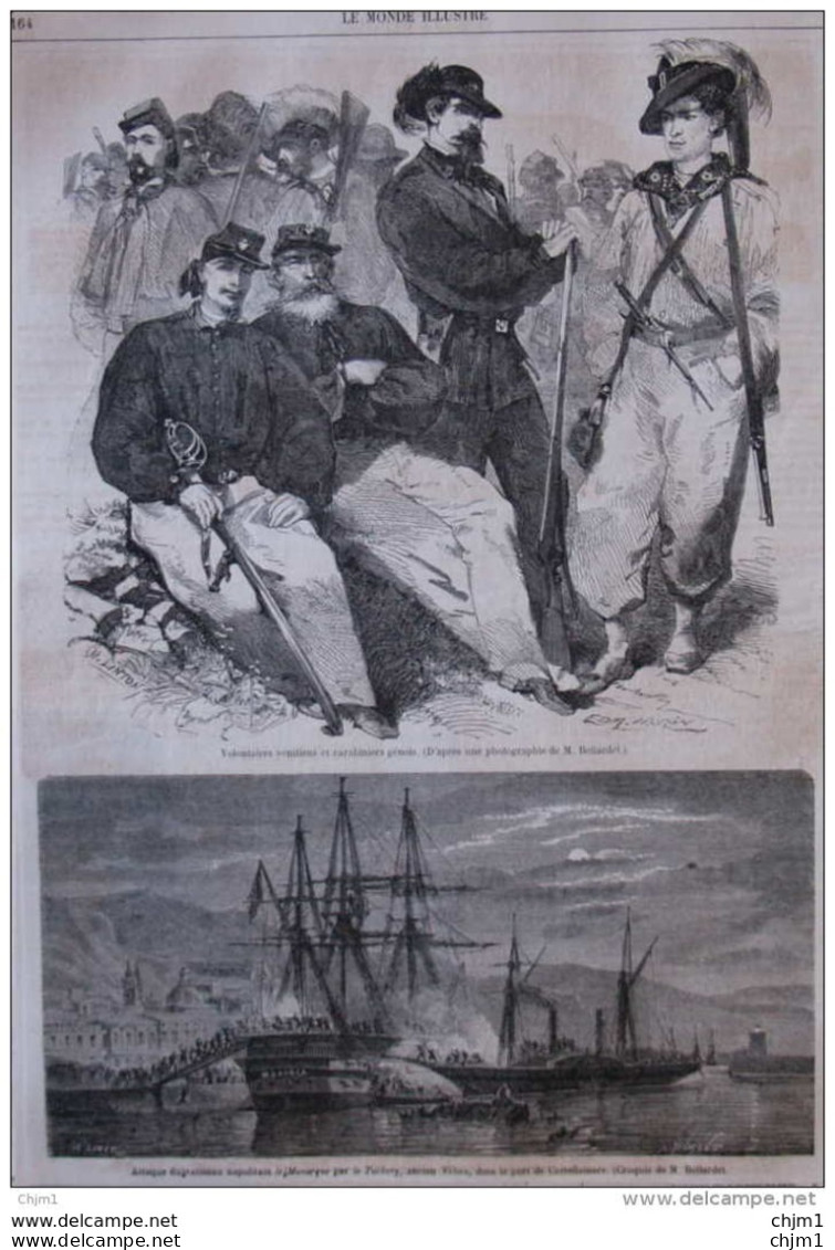 Volontaires Vénitiens Et Carabiniers Génois - Attaque Du Vaisseau Napolitain "le Monarque" - Page Original 1860 - Historical Documents