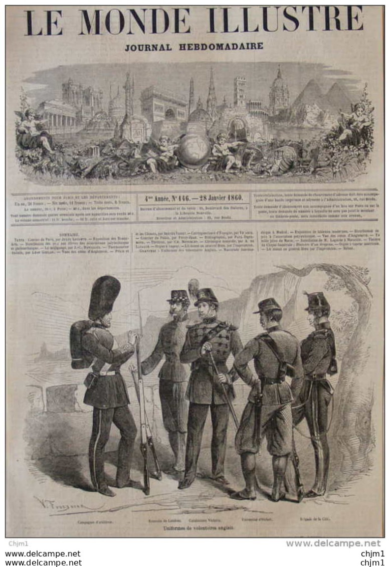 Uniformes De Volontaires Anglais - Carabiniers Victoria - Université D'Oxfort - Ecossais De Londres - Page Original 1860 - Historical Documents