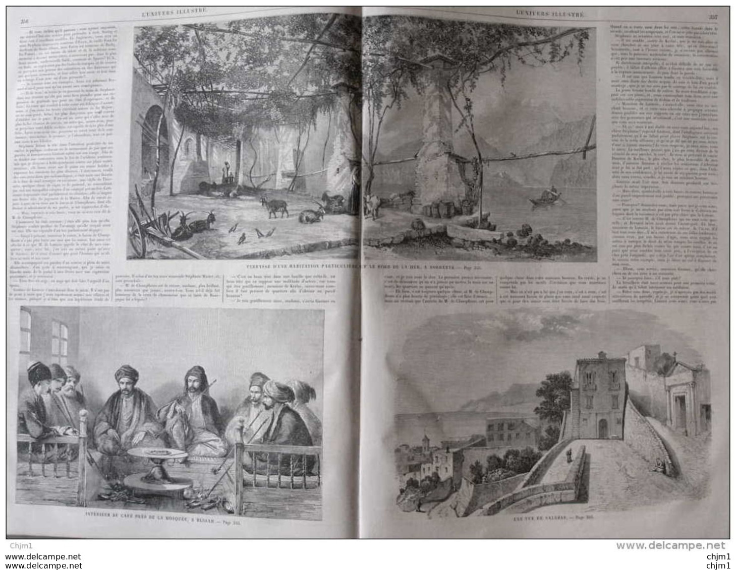 Une Vue De Salerne - Intérieur Du Café Près De La Mosquée à Blidah -  Page Original Double 1860 - Historical Documents