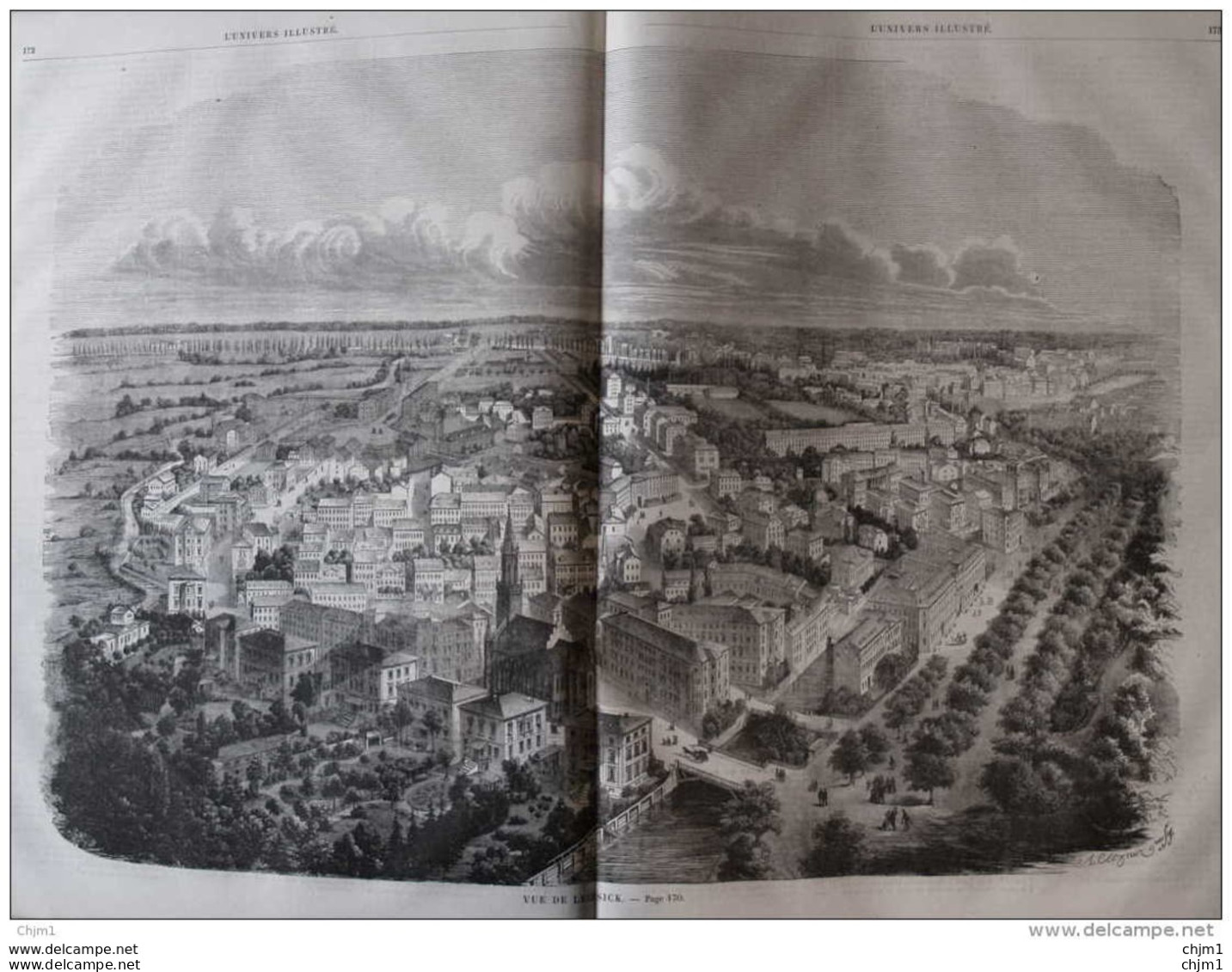Vue De Leipsick - Leipzig -  Page Original Double 1860 - Documentos Históricos