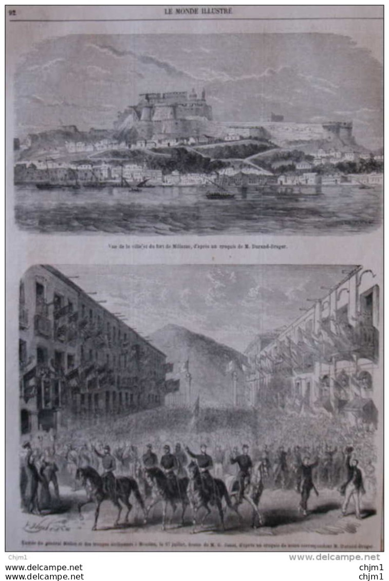 Vue De La Ville Et Du Fort De Millazzo- Entrée Du Général Médici Et Des Troupes Siciliennes à Messine Page Original 1860 - Documenti Storici