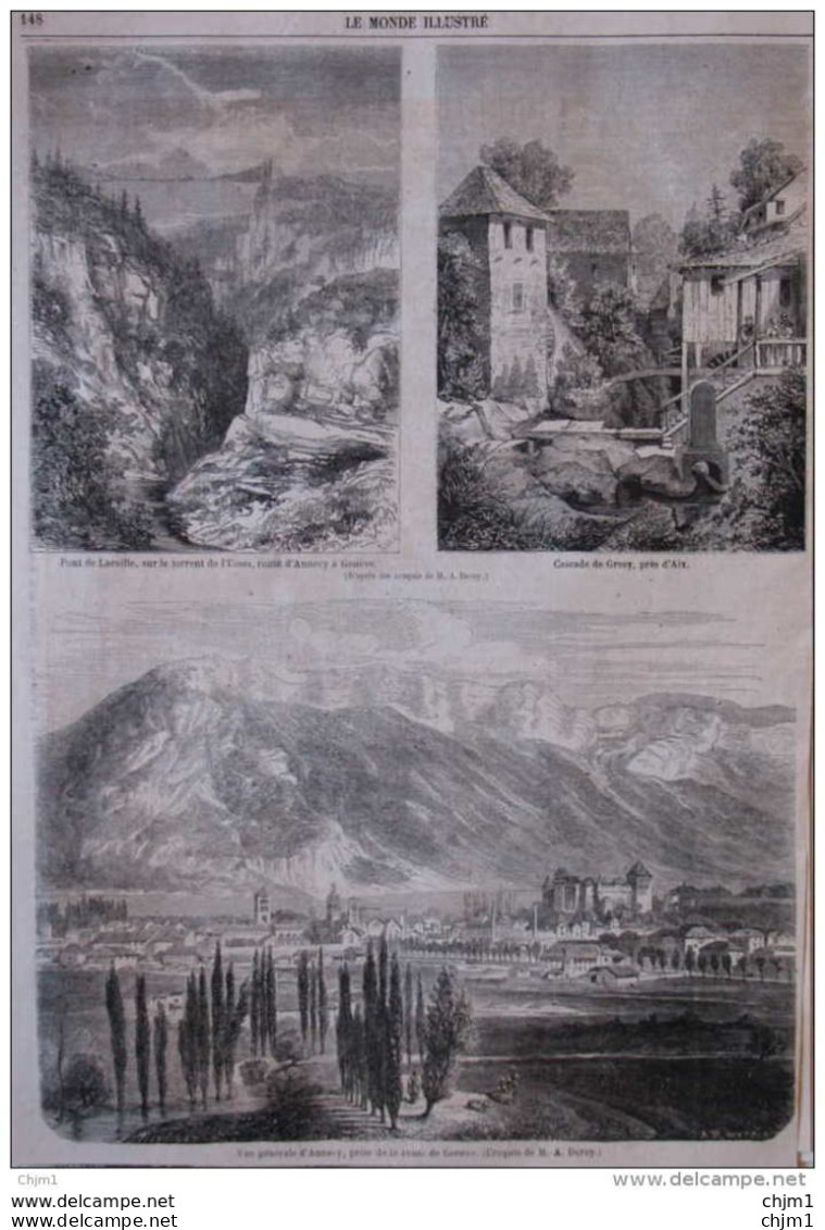 Vue Générale D'Annecy - Pont De Lacaille - Cascade De Gresy, Près D'Aix - Page Original 1860 - Documents Historiques