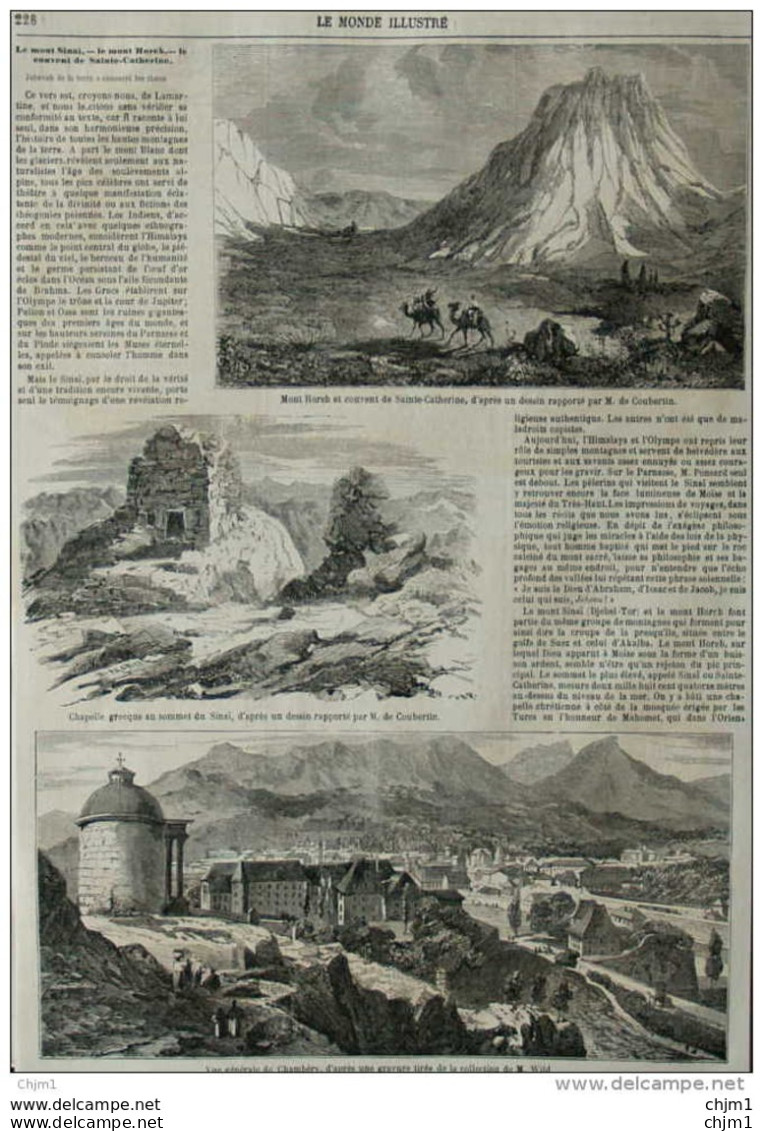 Vue Générale De Chambéry - Chapelle Grecque Au Sommet Du Sinai - Page Original 1860 - Historische Dokumente