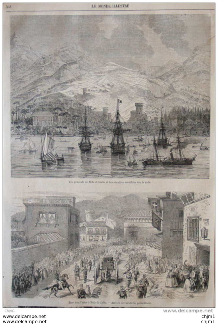 Vue Générale De Mola Di Gaete Et Des Escadres Mouillées Sur La Rade - Page Original 1860 - Historische Dokumente