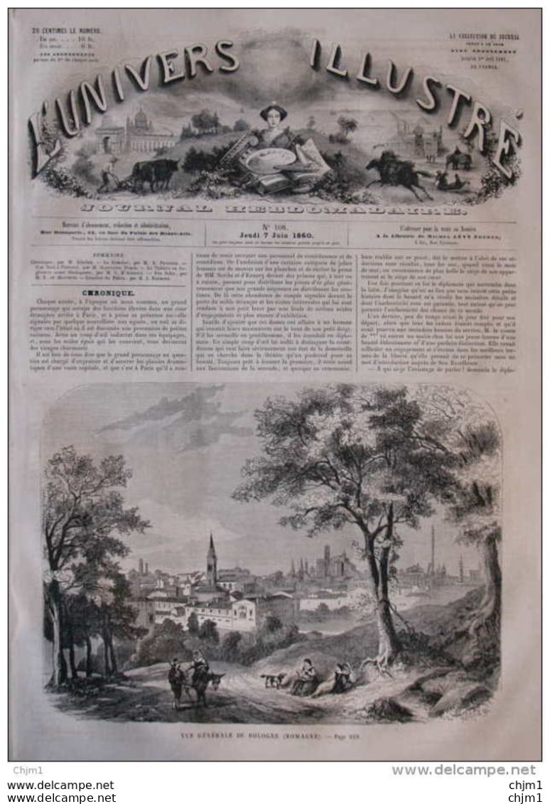 Vue Générale De Bologne (Romagne) -  Page Original 1860 - Historical Documents