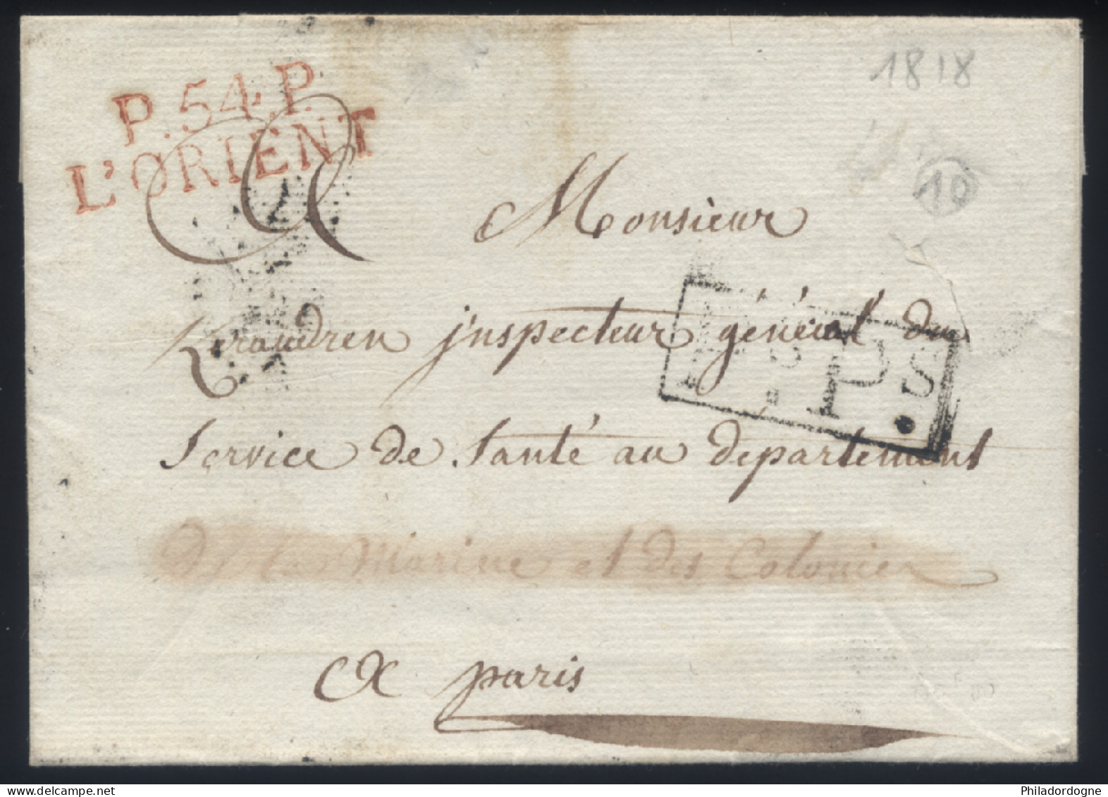 Morbihan - LsC Cursive P.54.P. L'ORIENT Rouge Pour Paris Marine Et Des Colonies - Ps.Ps. - 04/1818 - 1801-1848: Vorläufer XIX