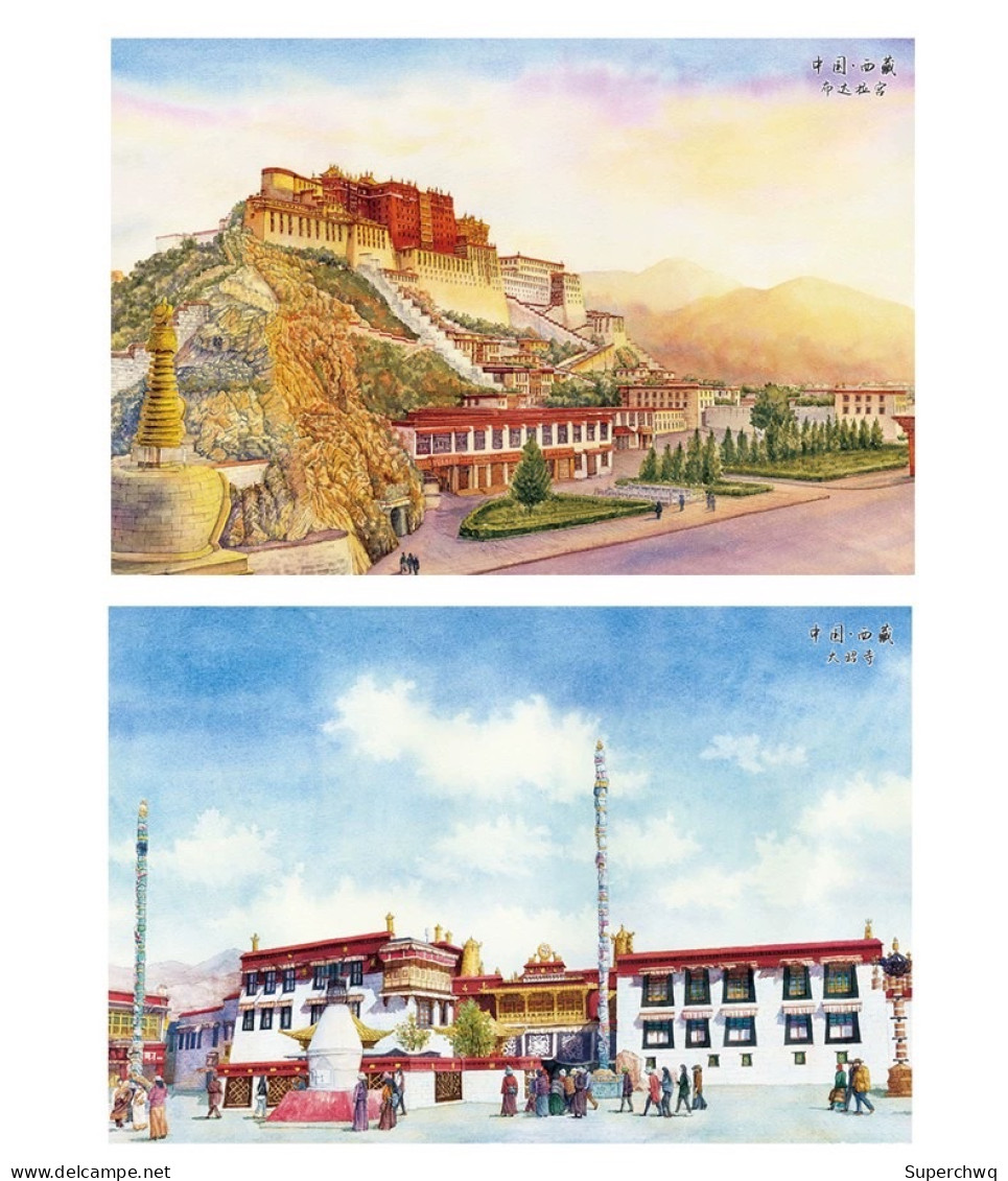 China Postcard Xizang Landscape Watercolor Hand Painted Postcard, Potala Palace, Mount Qomolangma, Gangren Boqi，10 Pcs - China