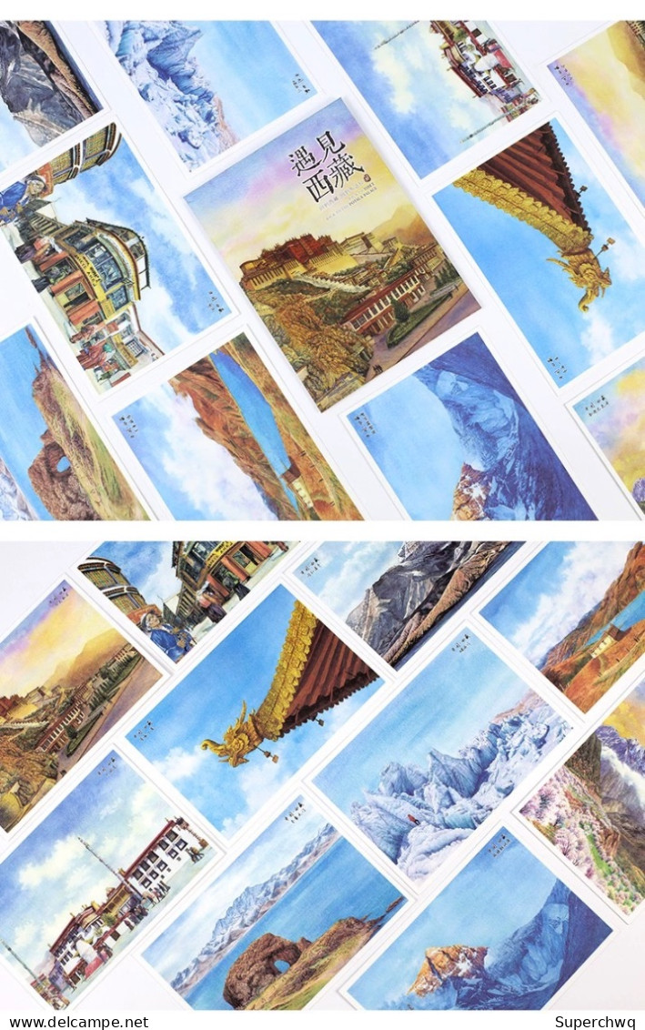 China Postcard Xizang Landscape Watercolor Hand Painted Postcard, Potala Palace, Mount Qomolangma, Gangren Boqi，10 Pcs - Chine