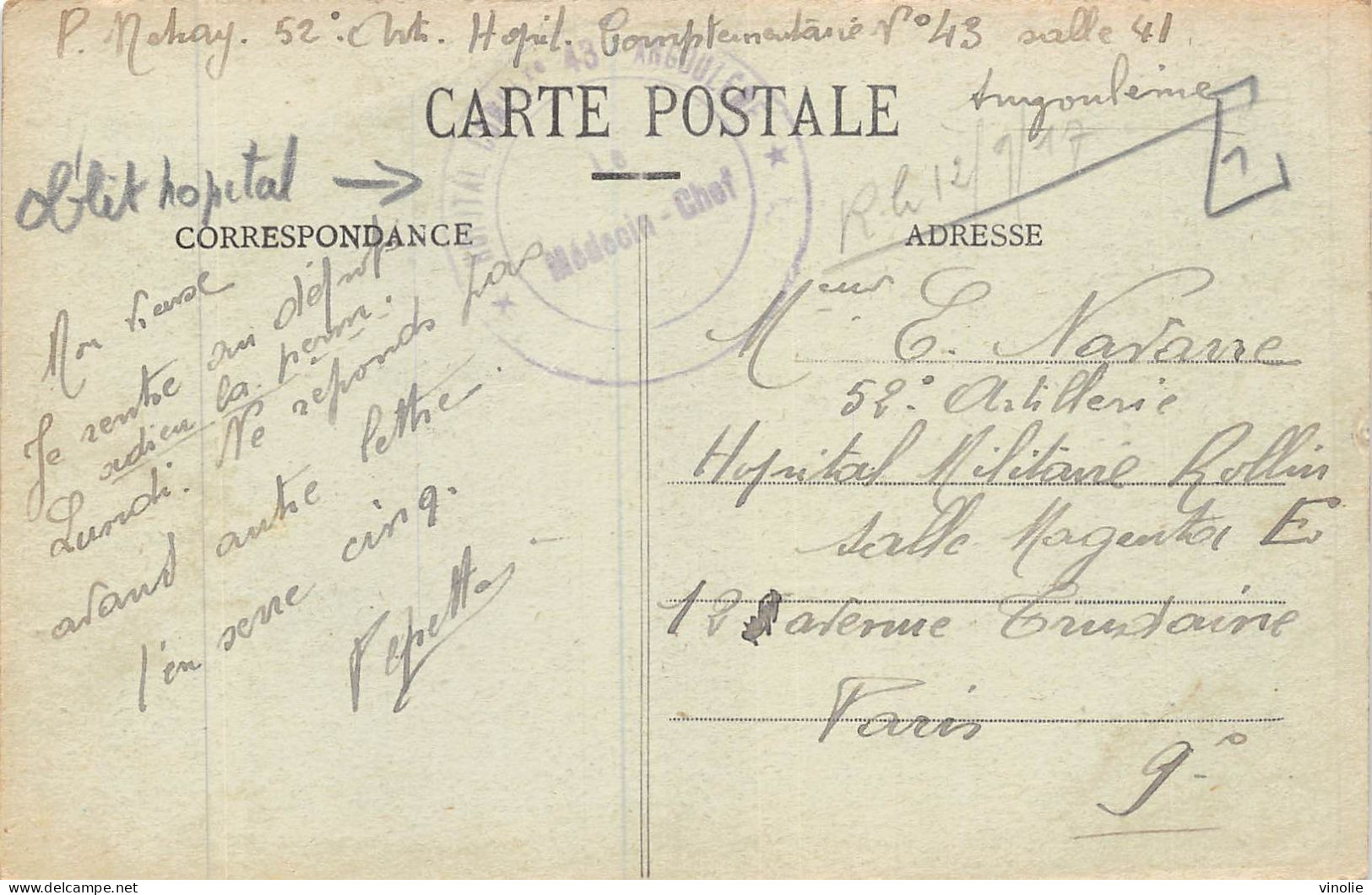 24-4022 : CACHET FRANCHISE. HOPITAL COMPLEMENTAIRE N° 43 ANGOULEME. CHARENTE. CARTE DE  LA ROCHE-CHALAIS - 1. Weltkrieg 1914-1918