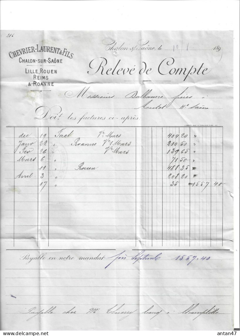 16 factures 1894-99 / 71 CHALON SUR SAONE / LILLE ROUEN REIMS ROANNE / CHEVRIER LAURENT ->70 AUTET Dalbanne