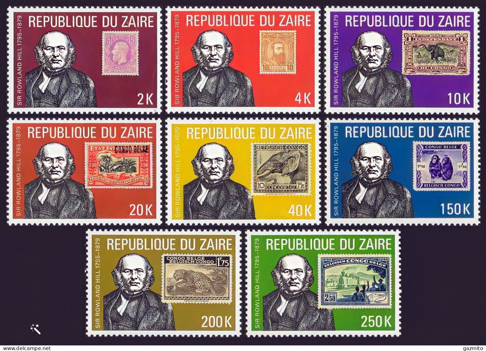 Zaire 1980, Rowland Hill, Stamp On Stamp, Wild Cat, Monkey, Elephant, 8val - Elefanten