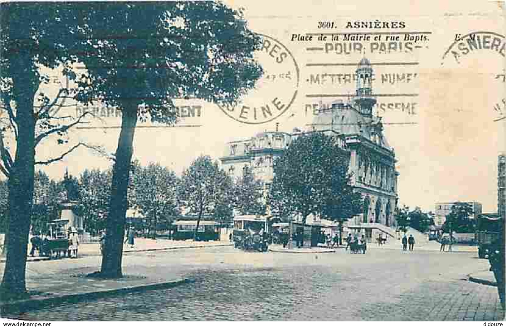 92 - Asnières - Place De La Mairie Et Rue Bapts - Animée - Automobiles - Flamme Postale - CPA - Voir Scans Recto-Verso - Asnieres Sur Seine