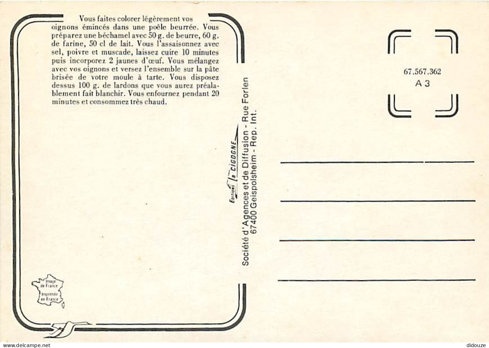 Recettes De Cuisine - Tarte Aux Oignons - Carte Neuve - Gastronomie - CPM - Voir Scans Recto-Verso - Recepten (kook)