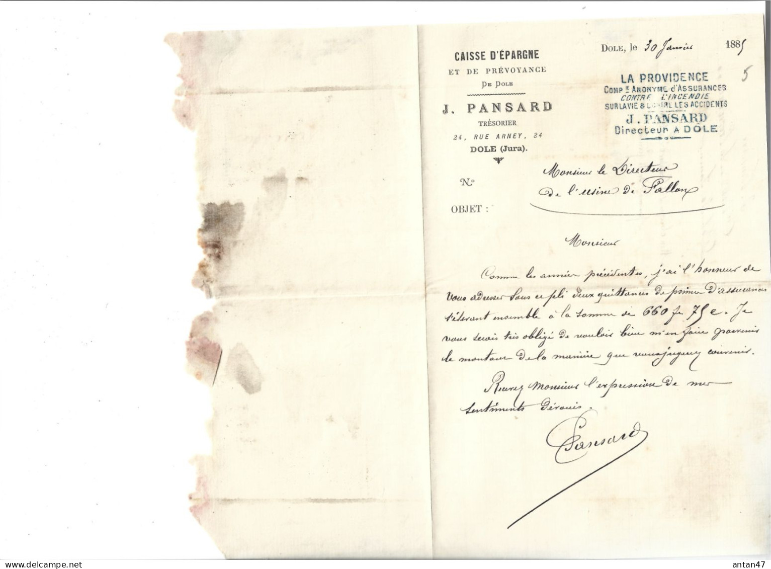 2 Courriers ½ Format 1884-1885 / 39 DOLE Assurance LA PROVIDENCE J Pansard  Pour Usine De FALLON 70 - 1800 – 1899