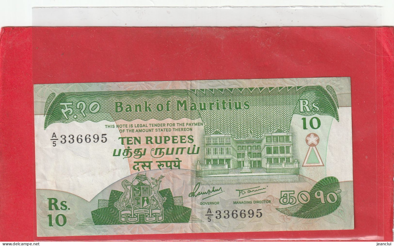 BANK OF MAURITIUS  .  10 RUPEES  .  N.D ( 1985 )    N°  A/5 336695  .  2 SCANNES - Mauricio