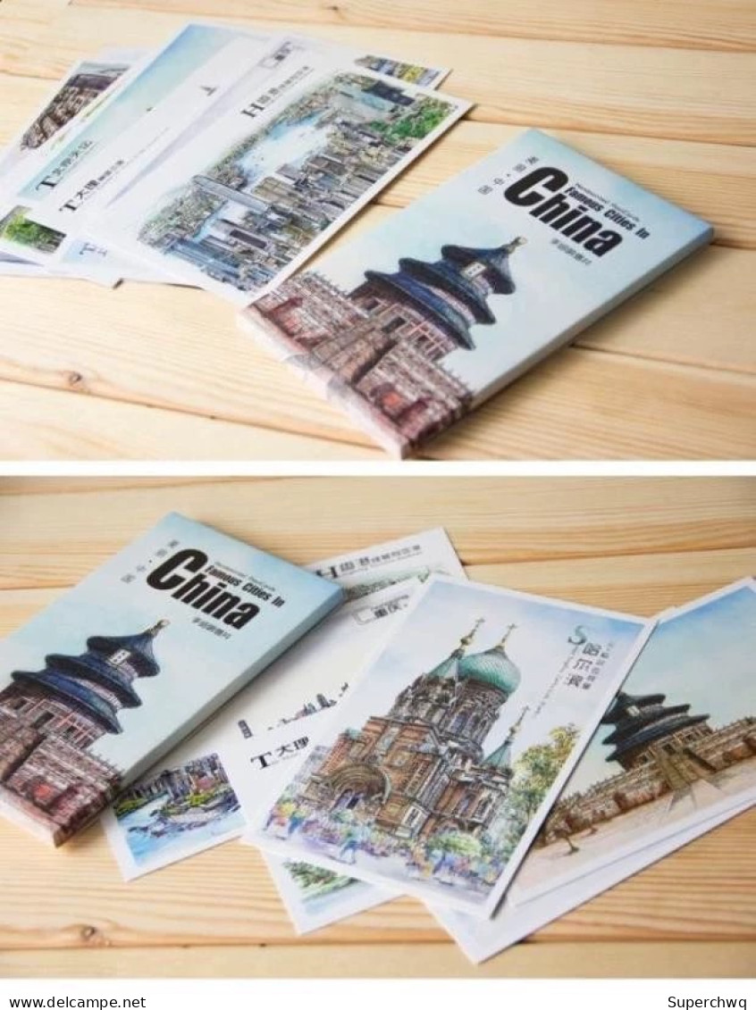 China Postcard Beautiful Chinese City Handdrawn Landscape Postcard，16 Pcs - China