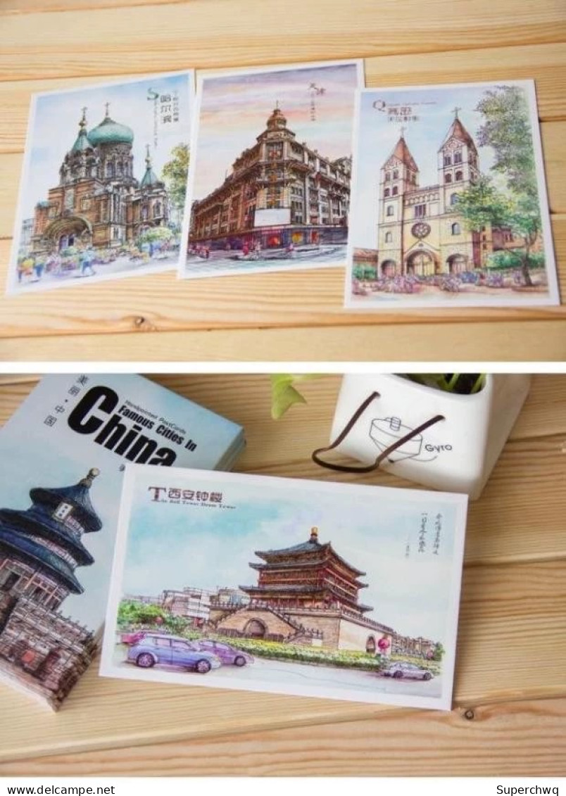China Postcard Beautiful Chinese City Handdrawn Landscape Postcard，16 Pcs - China