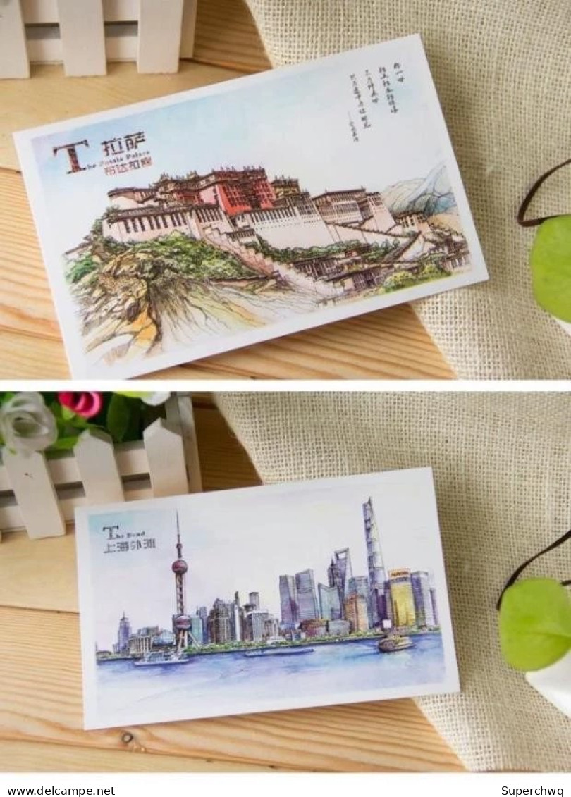 China postcard Beautiful Chinese City Handdrawn Landscape Postcard，16 pcs