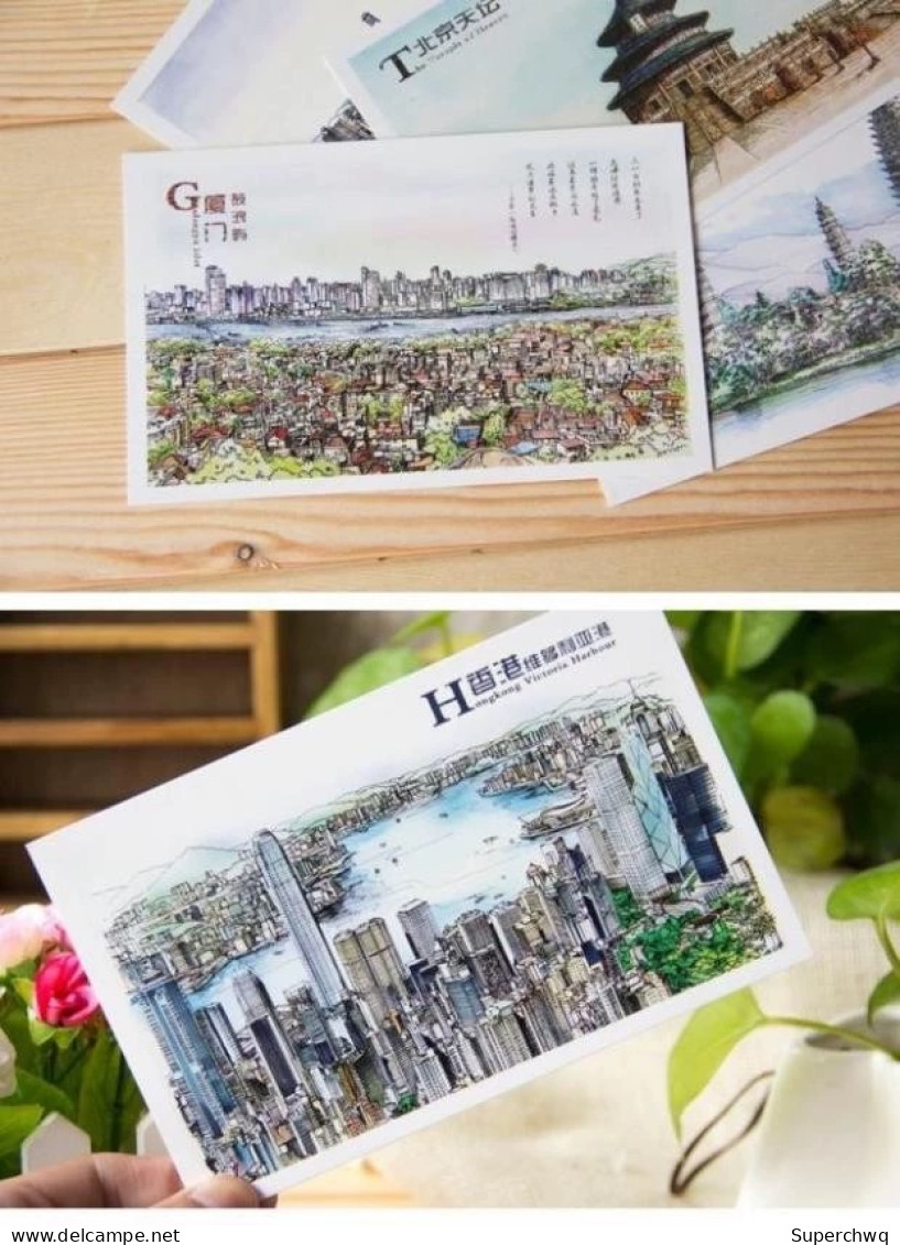 China postcard Beautiful Chinese City Handdrawn Landscape Postcard，16 pcs