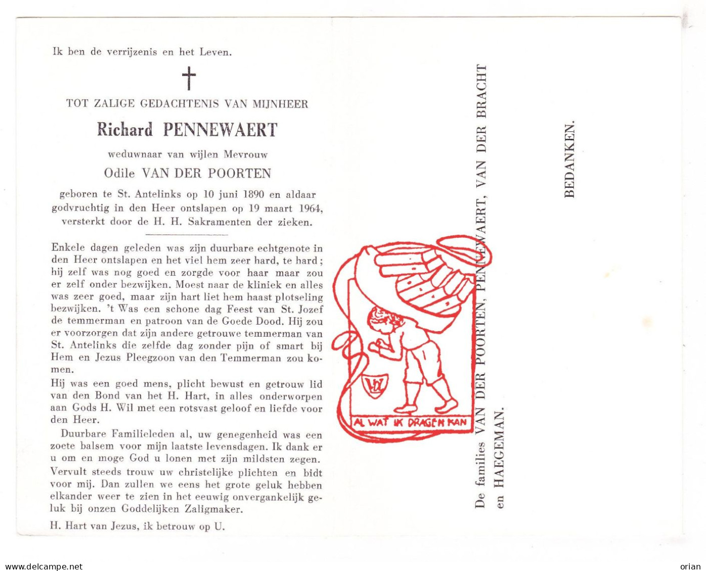 DP Richard Pennewaert ° Sint-Antelinks Herzele 1890 † 1964 X Odile Van Der Poorten // Van Der Bracht Haegeman - Santini