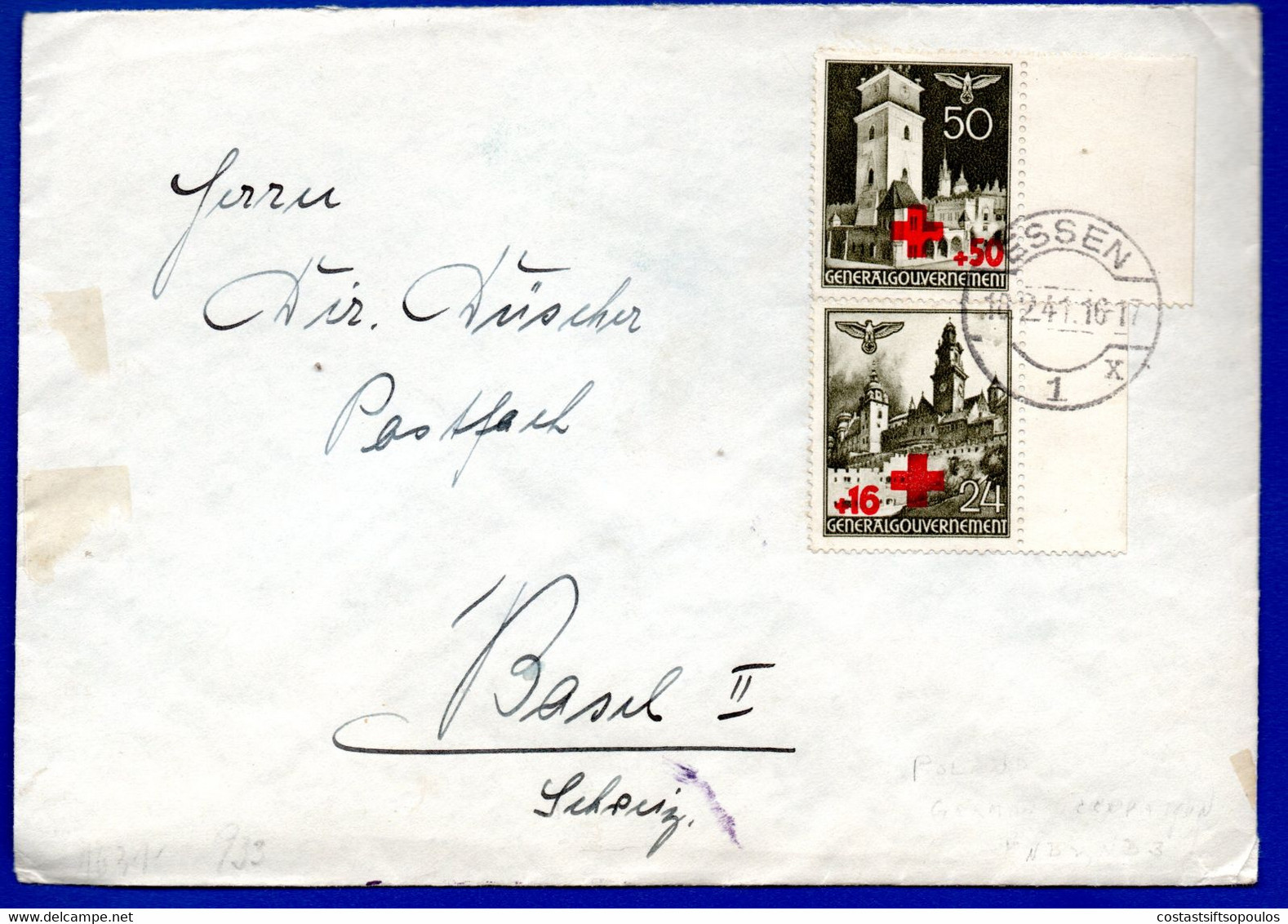 1324.POLAND POSTAL HISTORY 1941 GENERALGOUVERNEMENT RED CROSS USED IN GERMANY, COVER ESSEN TO SWITZERLAND, WW II - General Government