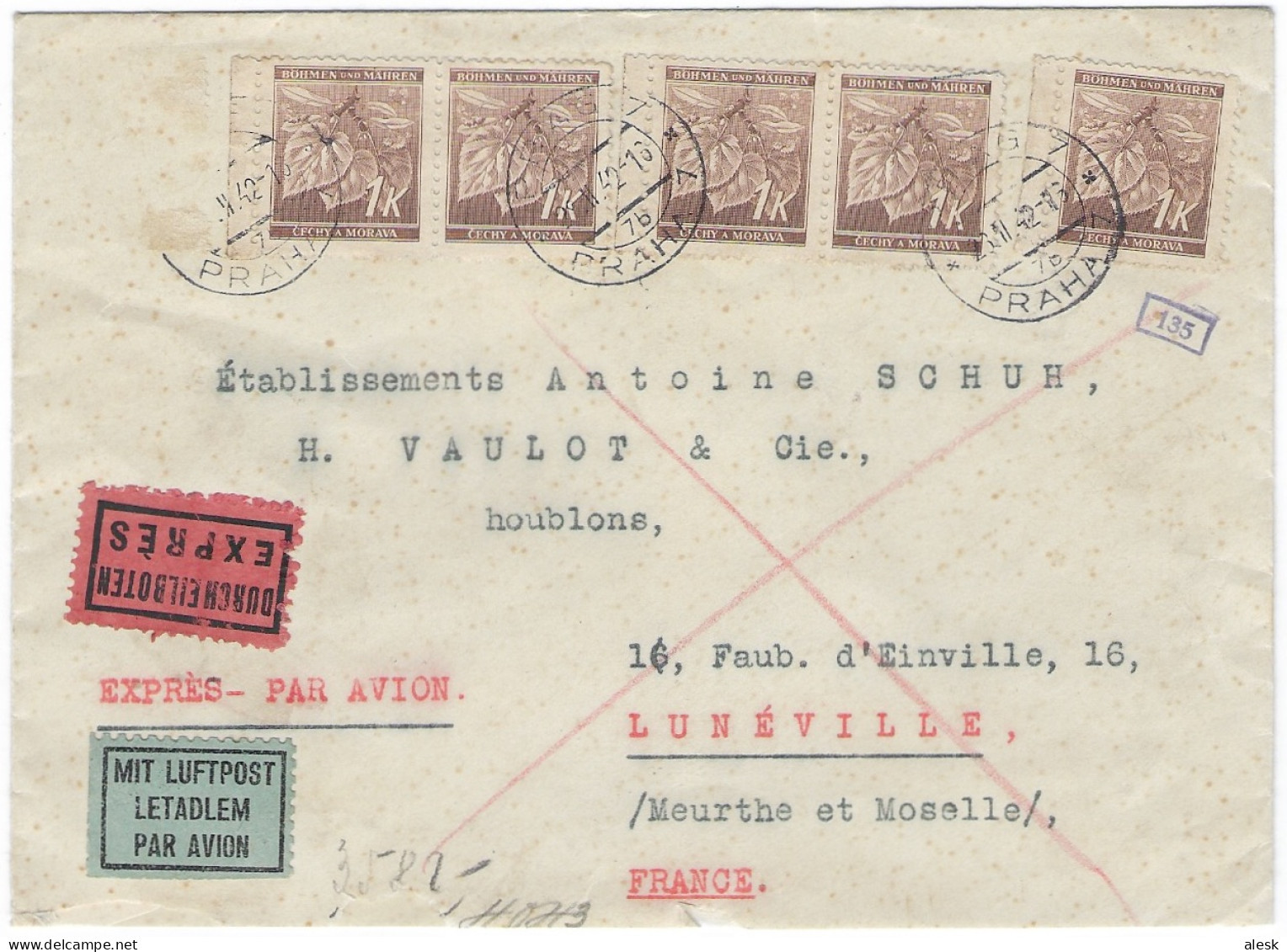 BOHÊME & MORAVIE - Lettre Recommandée Censurée Par Avion Exprès Prague 23 Février 1942 N°28 X6 Pour Lunéville - Covers & Documents