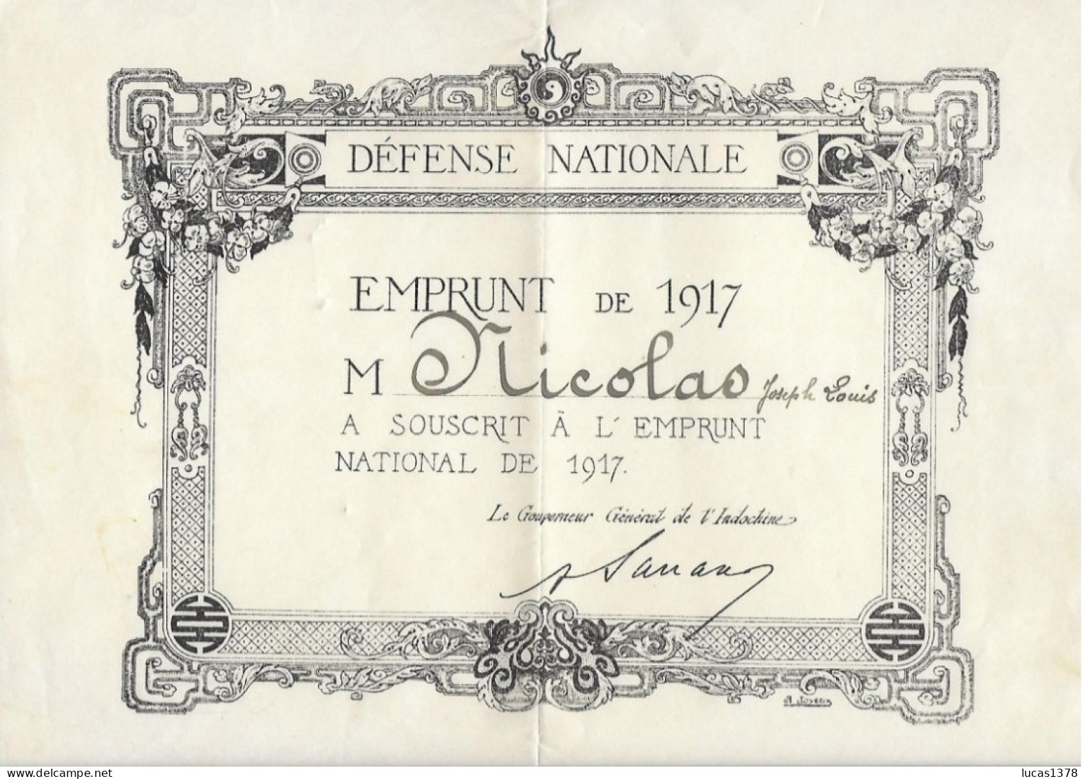 INDOCHINE /  EMPRUNT NATIONAL 1917 / RARE - 1914-18