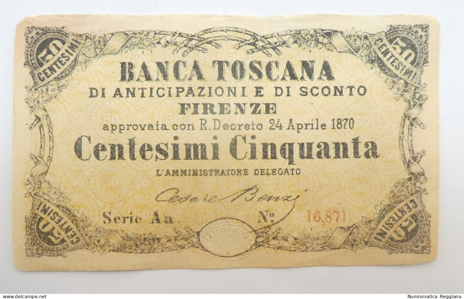 Banca Toscana Firenze - 50 Centesimi 24 Aprile 1870 Serie Aa 16871 - Andere & Zonder Classificatie