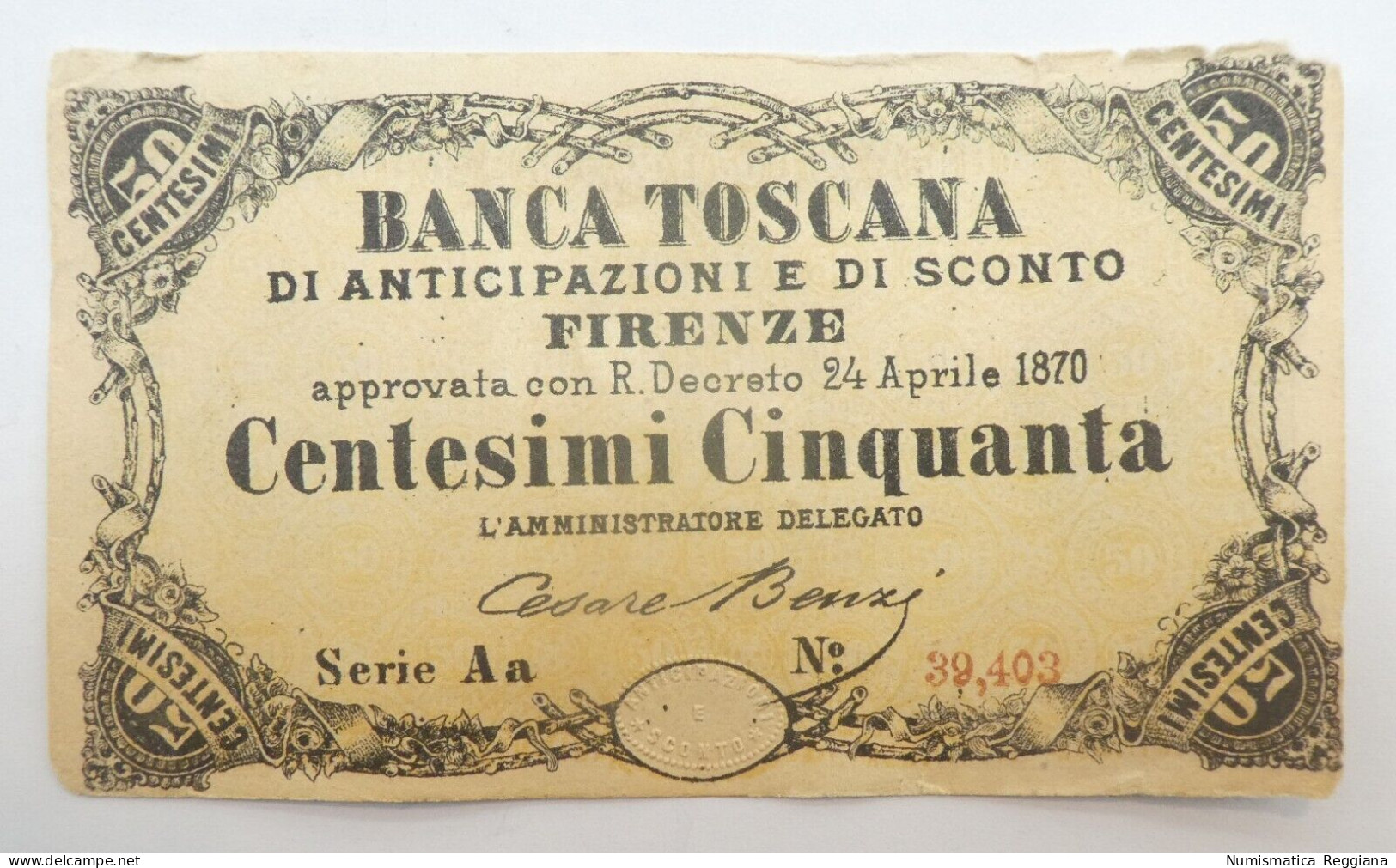 Banca Toscana Firenze - 50 Centesimi 24 Aprile 1870 Serie Aa 39403 - Otros & Sin Clasificación