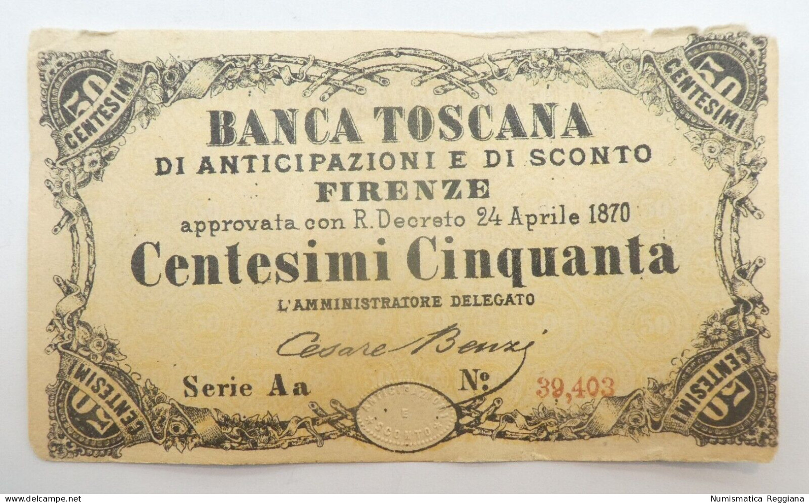 Banca Toscana Firenze - 50 Centesimi 24 Aprile 1870 Serie Aa 39403 - Other & Unclassified