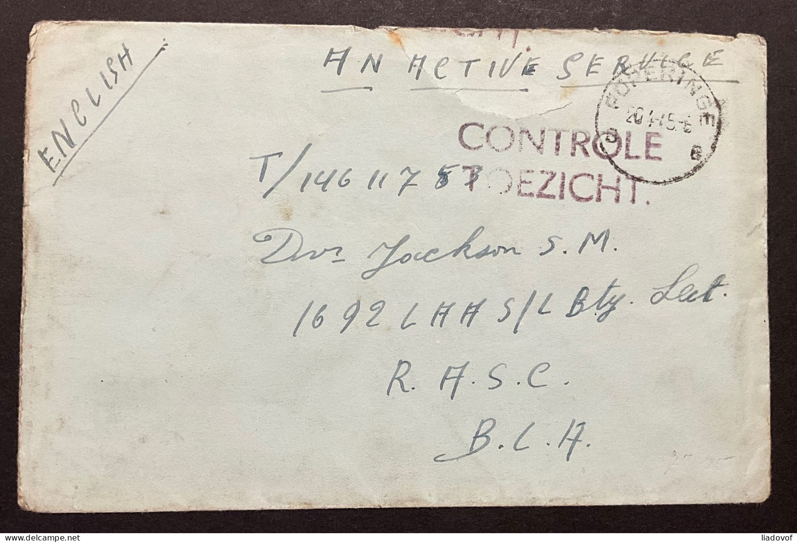 Lettre Censure "Legerpost" POPERINGE 20-4-45 - "Controle - Toezicht" (A.S. Active Service) - Weltkrieg 1939-45 (Briefe U. Dokumente)