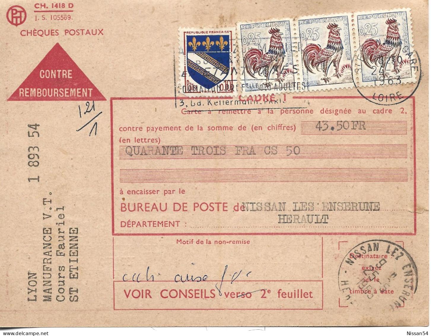 MANDAT CARTE CONTRE REMBOURSEMENT - LA POSTE - 1964 - TIMBRES - MANUFRANCE - 1950 - ...