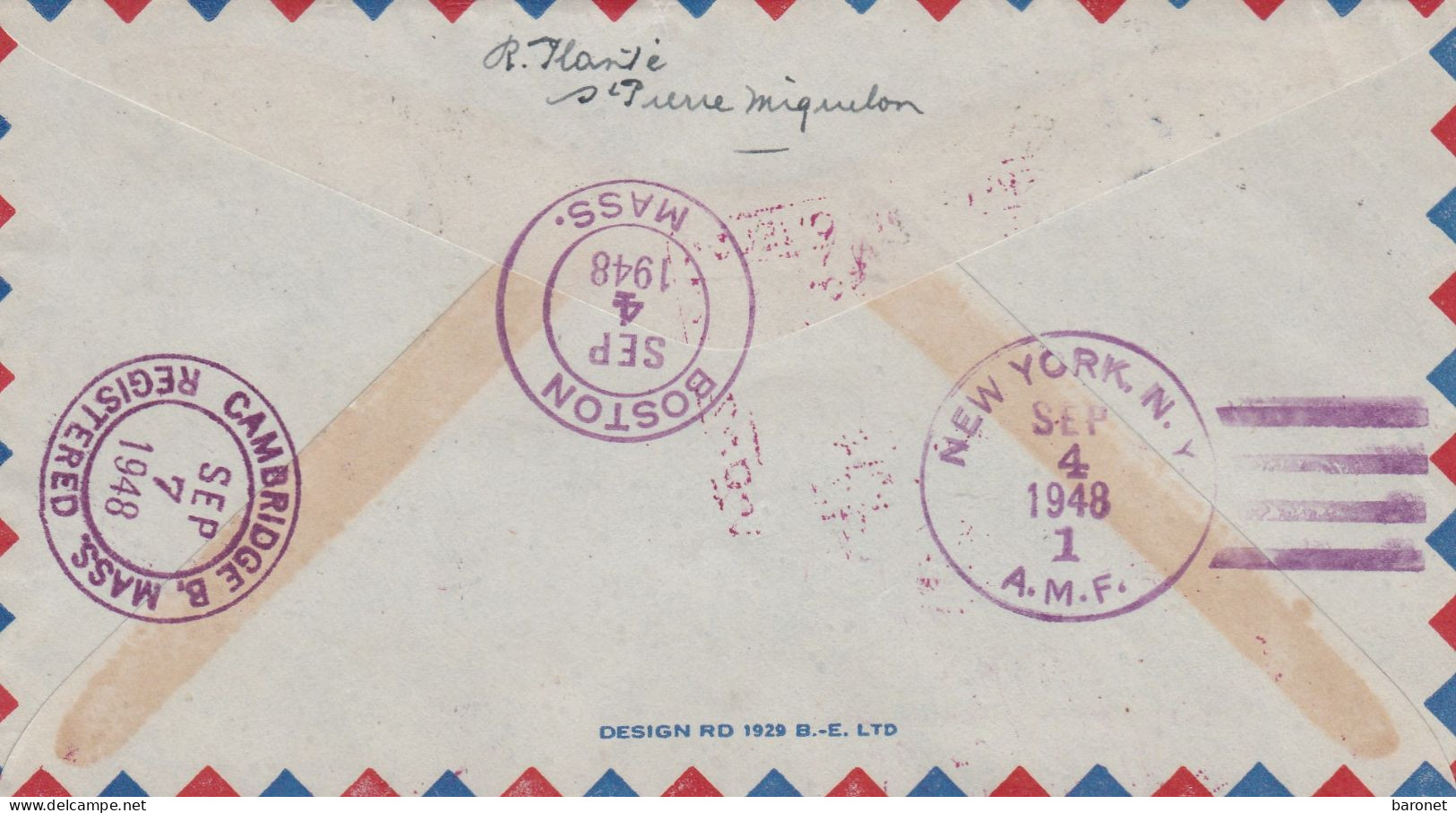 Env R Par Avion T.P. Ob St Et  Miquelon 31 8 1948 1ère Liaison Postale Aérienne Usa Canada France Pour Mass USA - Lettres & Documents