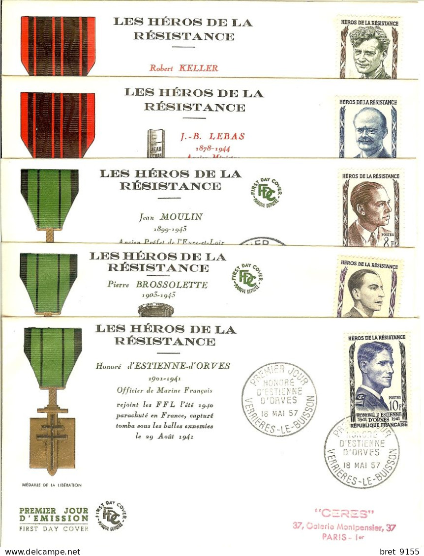 5 Enveloppes FDC 1er Jour FRANCE HEROS DE LA RESISTANCE D ORVES, BROSSOLETTE, MOULIN, LEBAS, KELLER - 1950-1959