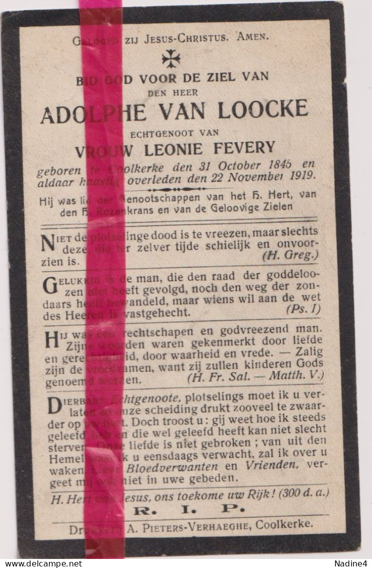 Devotie Doodsprentje Overlijden - Adolphe Van Loocke Echtg Leonie Fevery - Koolkerke 1845 - 1919 - Décès