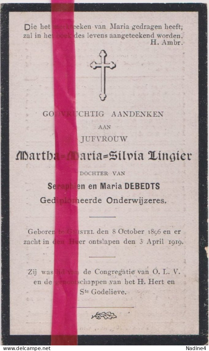 Devotie Doodsprentje Overlijden - Onderwijzeres Martha Lingier Dochter Seraphien & Maria Debets - Gistel 1896 - 1919 - Décès