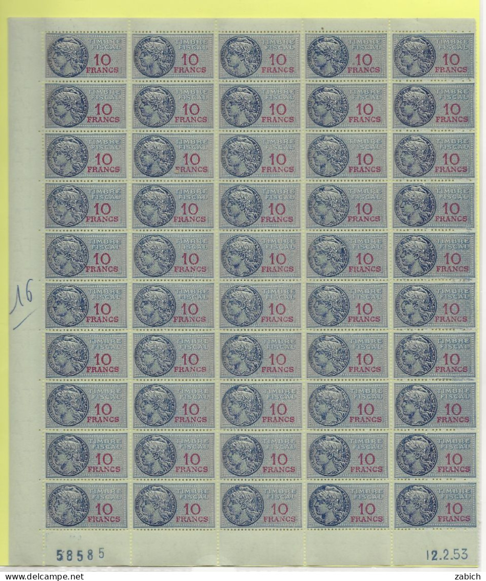 FISCAUX FRANCE Feuille Entiere De 50 SERIE UNIFIEE N°142 10 Francs Bleu Coin Daté Du 12 2 53 Neuf Gomme Intacte - Stamps